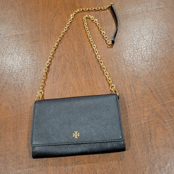 Tory Burch Black Gold tone Chain Leather Shoulder Bag Wristlet/Wallet combo - Picture 1 of 12